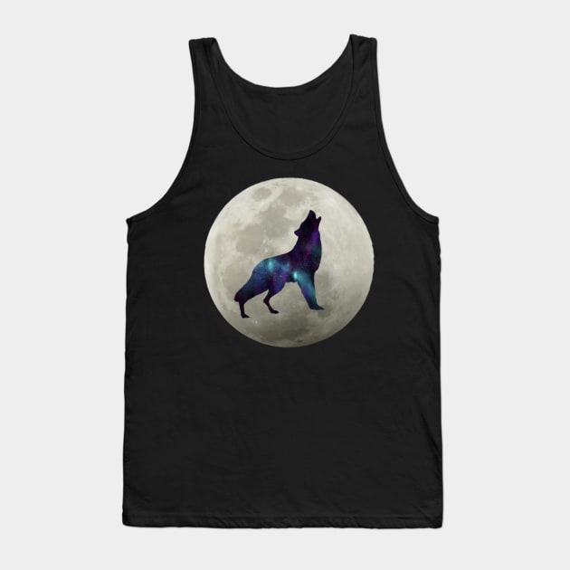 Cosmic Galaxy Wolf Howling Full Moon Space Wolf Gift Tank Top by AmbersDesignsCo